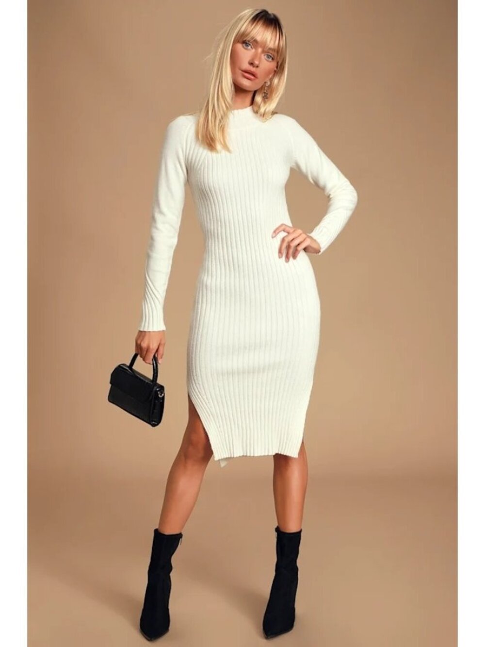 Lulus Bodycone Dress Size Small Ribbed Knit Midi Snuggle Party Ivory Mock Neck